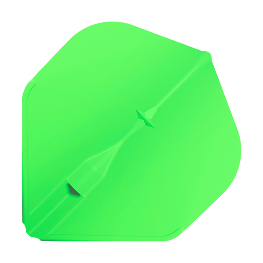 Vuelos estándar L-Style Champagne L1EZ Das Bild zeigt ein leuchtend grünes Dart-Flügel der Marke L-Style Champagne L1EZ Standard Flights. Die Oberfläche ist glatt und hat eine charakteristische, leicht eckige Form.