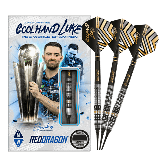 Dardos blandos Red Dragon Luke Humphries Prestige - 20 g Auf dem Bild sind die Red Dragon Luke Humphries Prestige Softdarts mit 20g Gewicht zu sehen. Die Verpackung zeigt ein Bild von Luke Humphries und die Darts sind schwarz mit silbernen und goldenen Details.