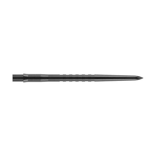 Puntas de dardos Mission Caliburn EVO - Ranuradas - Negras Das Bild zeigt eine schwarze, gerillte Steeldartspitze. Sie ist lang und schmal mit einer scharfen Spitze.
