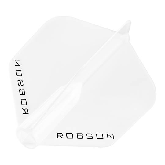 Plumas Robson Plus - Estándar Das Bild zeigt einen klaren Dart-Flügel mit der Aufschrift "ROBSON". Der Flügel hat eine standardmäßige, sechseckige Form.