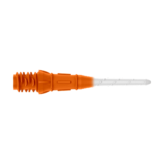 Labios de punta bicolor premium estilo L (paquete de 30) Das Bild zeigt eine zweifarbige Kunststoffspitze, die auf einer Seite orange und auf der anderen weiß ist. Es handelt sich um eine Ersatzspitze für ein elektronisches Dart.