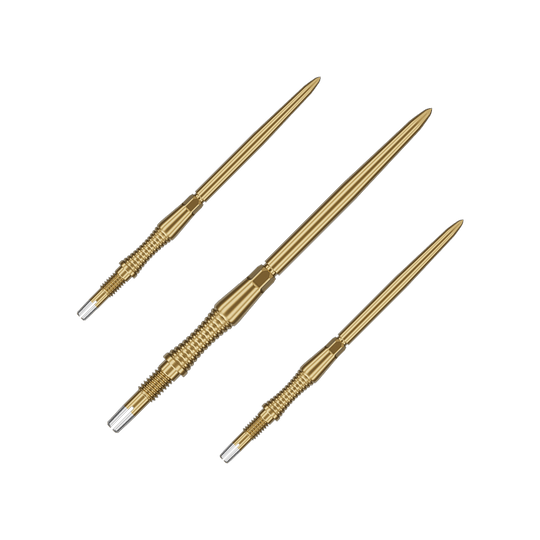 Puntas de dardos Target Swiss Point Signature RST - Oro Das Bild zeigt ein Set von Target Swiss Point Dartspitzen Signature RST in Gold, 42mm. Das Set enthält mehrere identische Dartspitzen mit strukturierter Oberfläche.
