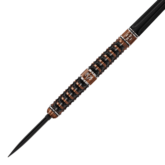 Dardos de acero de punta rápida Harrows Tungsten Trinity Harrows Wolfram Trinity Quick Point Steeldarts sind auf diesem Bild abgebildet. Diese Steeldarts sind für präzises Dartspiel konzipiert.
