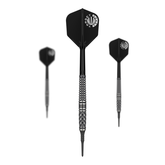 Dardos blandos Target Japan Paul Lim The Legend GEN8 - 19 g Das Bild zeigt drei schwarze Softdarts des Modells "Target Japan Paul Lim The Legend GEN8 - 19g". Die Darts haben silberne Griffringe und schwarze Flights mit weißem Logo.