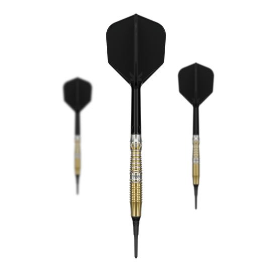 Dardos blandos Target Black Marque Enzo - 18 g Set der Target Black Marque Enzo Softdarts - 18g abgebildet. Das Set beinhaltet mehrere schwarze Softdarts für exaktes Spiel.