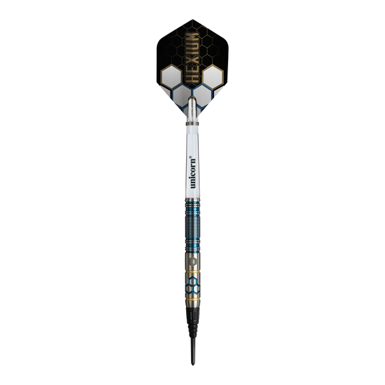 Dardos blandos Unicorn Hexium Style 02 azules y dorados - 21 g Hier sieht man die Unicorn Hexium Style 02 Blue & Gold Softdarts - 21g. Die Darts sind in Blau und Gold gehalten.