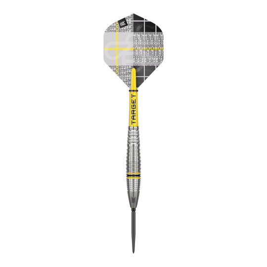 Dieses Bild zeigt einen Target Scott Williams GEN2 Swiss Point Steeldart. Der Dartpfeil hat ein silbernes Griffstück mit gelben Akzenten und ein individuell gestaltetes Flight-Design.