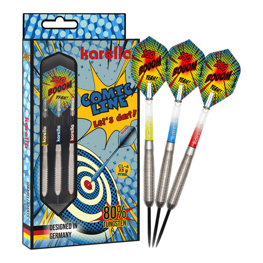 Dardos de acero Karella Comic Line CL-4 - 23 g Das Bild präsentiert die Karella Comic Line CL-4 Steeldarts mit einem Gewicht von 23g. Diese Darts sind robust und für ambitionierte Spieler konzipiert.