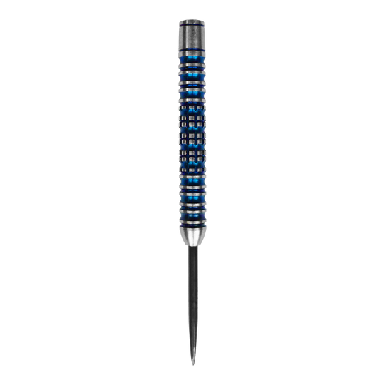 Barriles de dardos de acero McDart Ocean - 23 g Das Bild zeigt ein McDart Ocean Steeldart Barrel mit einem Gewicht von 23g. Der Barrel hat ein silber-blaues Design mit Rillen und einem spitzen Ende.