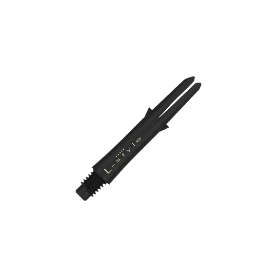 Ejes de carbono estilo L Das Bild zeigt einen schwarzen Carbon-Dartshaft ohne Kappen mit der Aufschrift "L-style". Der Schaft ist 32 mm lang und hat ein Schraubgewinde am Ende.