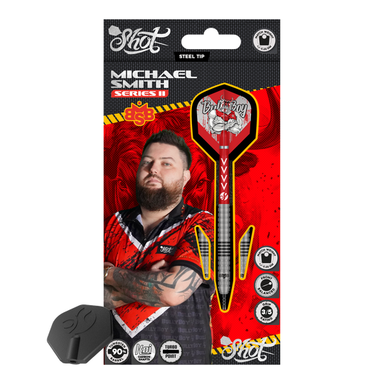 Dardos de acero Michael Smith Serie 2 Turbo Point Abgebildet sind die Shot Michael Smith Series 2 Turbo Point Steeldarts. Sie sind speziell für Präzision und Kontrolle beim Dartspielen entwickelt.