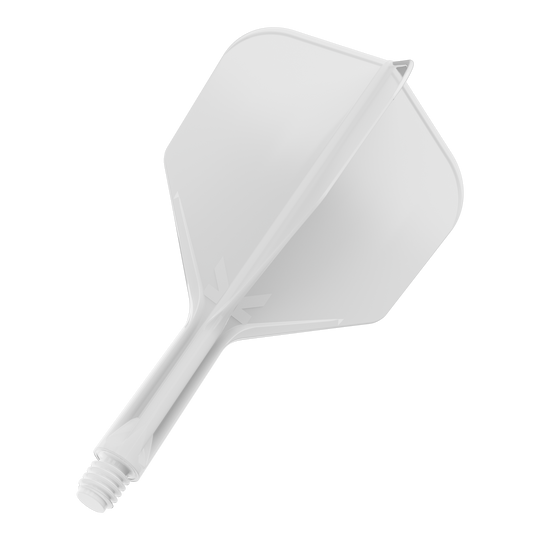 Sistema de vuelo Target K-Flex No6 - Blanco Das Bild zeigt ein weißes Dart-Flight-System mit integriertem Shaft. Es ist vor schwarzem Hintergrund abgebildet.