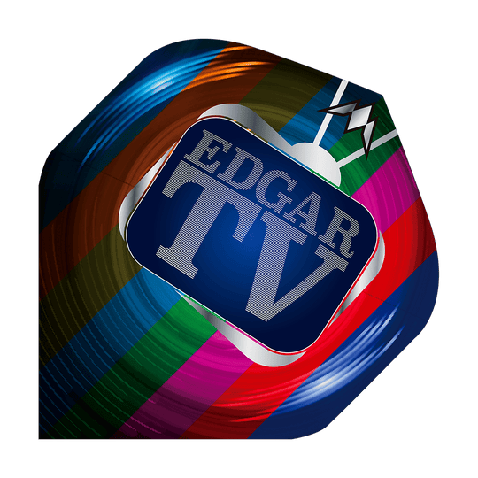 Misión Solo Matt Edgar No2 Vuelos Estándar Das Bild zeigt ein bunt gestaltetes Dart-Flight mit dem Aufdruck "EDGAR TV" in der Mitte. Es handelt sich um das Produkt "Mission Solo Matt Edgar No2 Standard Flights".
