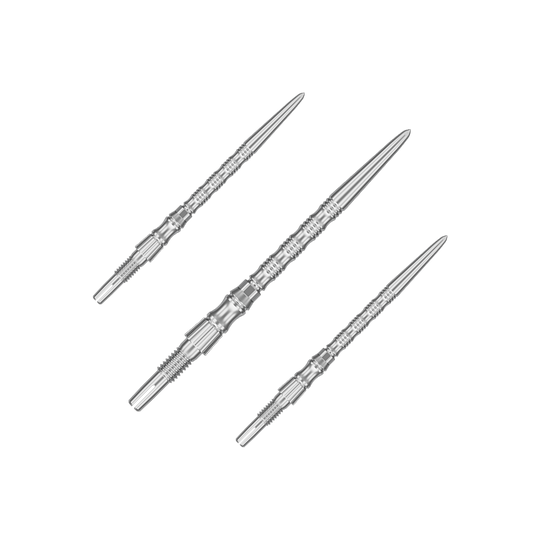 Puntas de dardo de acero Target Signature Swiss Point TRB - plateadas Silberne Dartspitzen mit einer Länge von 35 mm sind abgebildet. Das Bild zeigt ein Set der Target SwissPoint Signature TRB Dartspitzen.