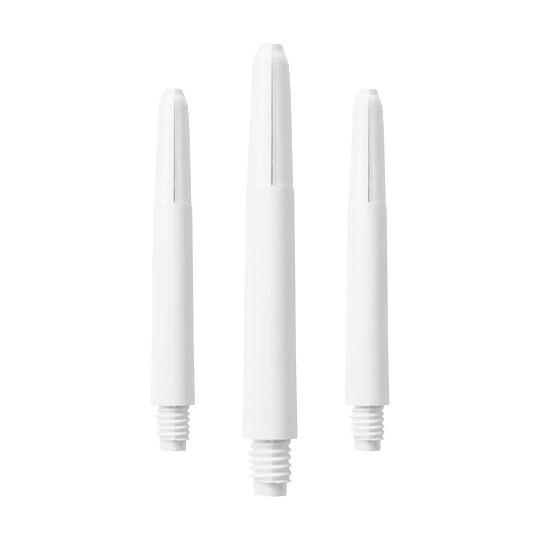 582_Nylon_Shafts_Schneeweiss_40mm_1PYryDcYm5zrql Das Bild zeigt drei schneeweiße Nylon-Schäfte. Sie sind zylinderförmig und haben an einem Ende ein Schraubgewinde.