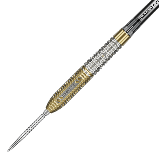 Target Raymond Van Barneveld Chrono 95 Dardos de acero con punta suiza Das Bild zeigt einen Steeldart aus der Produktreihe "Target Raymond Van Barneveld Chrono 95 Swiss Point". Der Dartpfeil hat ein silbernes und goldenes Griffstück mit detaillierten Gravuren und Mustern.