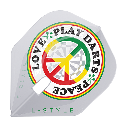 Das Bild zeigt einen weißen Dartflight mit einem farbenfrohen Kreisdesign und der Aufschrift "LOVE PEACE PLAY DARTS". Unten steht in grüner Schrift "L-STYLE".