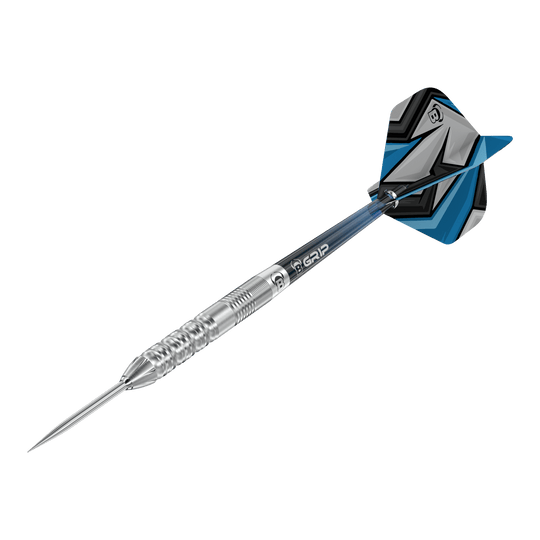 Dardos de acero Bulls Stone S2 Das Bild zeigt einen Bulls Stone S2 Steeldartpfeil mit silberner Spitze und Riffelung für besseren Halt. Das Flight-Design ist in Blau, Schwarz und Grau gehalten.