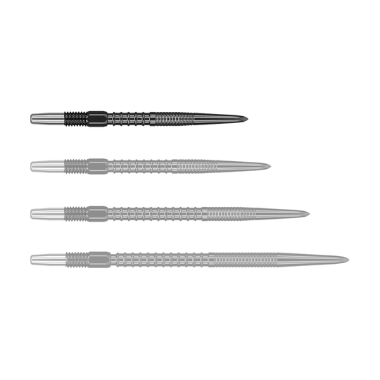 Puntas de dardos Target Swiss Firepoint Black Auf dem Bild sind vier schwarze Dartspitzen in einer Reihe zu sehen. Sie sind aus Metall und haben ein modernes, gerilltes Design.