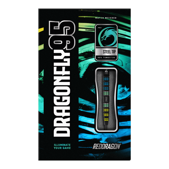 Dardos Red Dragon Dragonfly 95 de acero cónico negro Auf dem Bild ist die Verpackung der "Red Dragon Dragonfly 95 Black Tapered Steeldarts" zu sehen. Die Schachtel hebt das Design der Darts sowie den Schriftzug und die Materialien hervor.