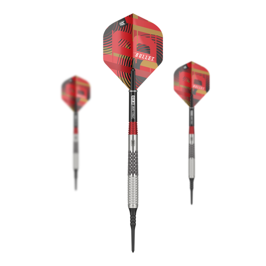 Dardos blandos Target Stephen Bunting GEN5 - 18 g Das Bild zeigt drei Softdarts des Modells "Target Stephen Bunting GEN5" mit einem Gewicht von 18g. Die Flights sind rot gemustert und tragen die Aufschrift "BULLET".