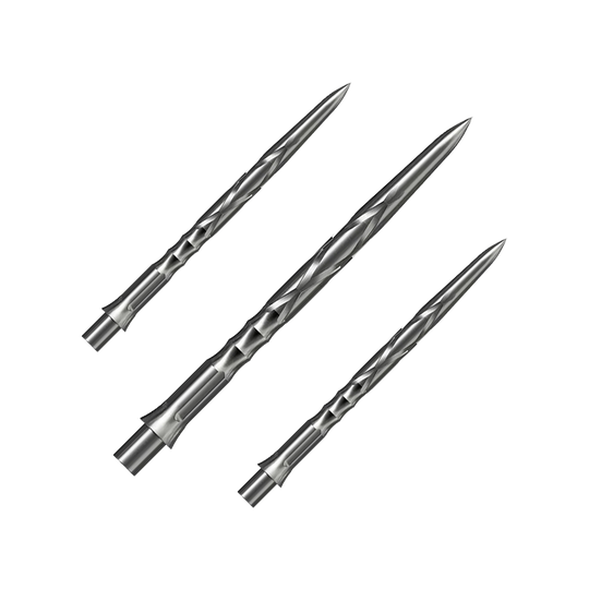 Puntas de dardos de acero Caliburn System - HAN G2 - Plata Auf dem Bild sind drei silberne Steeldartspitzen mit einem spiralförmigen Muster zu sehen. Sie liegen nebeneinander auf einem neutralen Hintergrund.