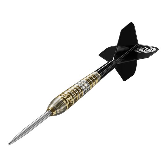 Dardos de acero Target Japan Hot Shot GEN2 - 23 g Das Bild zeigt einen Target Japan Hot Shot GEN2 Steeldart mit einem Gewicht von 23g. Der Dart hat einen metallischen, geriffelten Griffbereich und schwarze Flights.