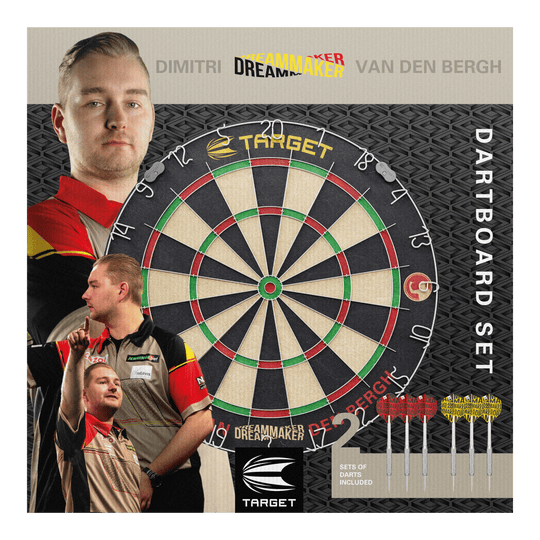 Juego de dianas de acero Target Dimitri Van Den Bergh Das Bild zeigt das Produkt "Target Dimitri Van Den Bergh Steeldartboard Set" mit einer großen Dartscheibe in der Mitte. Rechts unten sieht man sechs mitgelieferte Darts und im Hintergrund ist Dimitri Van Den Bergh mehrfach abgebildet.