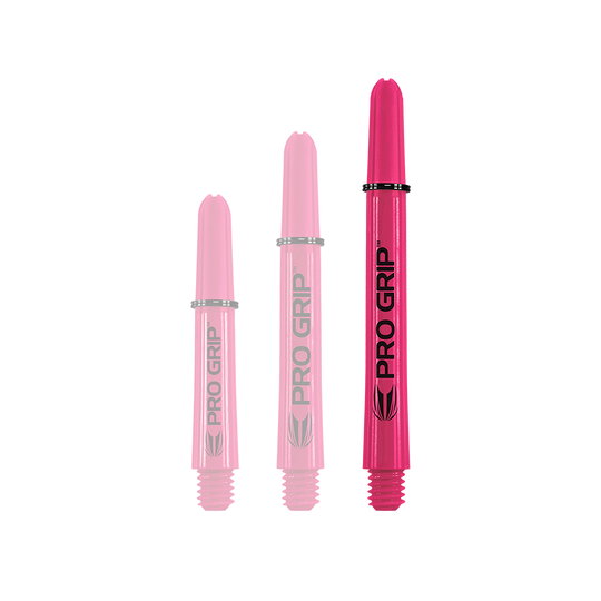 Varillas Target Pro Grip - 3 juegos - Rosa Das Bild zeigt drei pinke Pro Grip Shafts in verschiedenen Längen. Sie stehen nebeneinander und haben die Aufschrift "PRO GRIP".