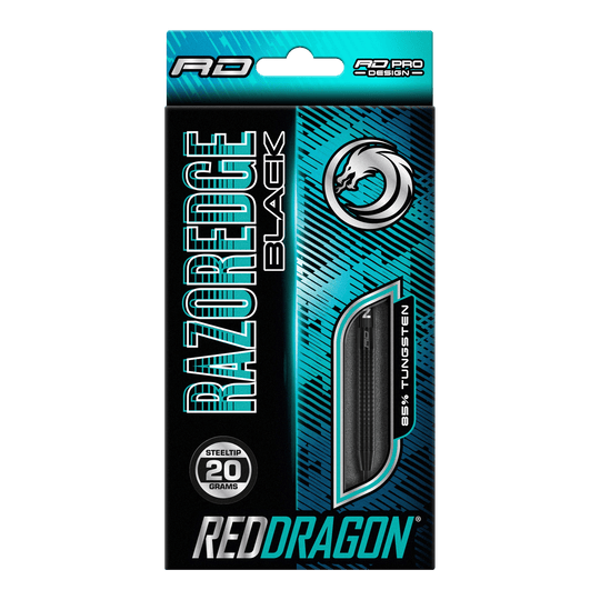 Dardos de acero negros Red Dragon Razor Edge Auf dem Bild ist eine Verpackung von Red Dragon Razor Edge Black Steeldarts zu sehen. Die Darts wiegen 20 Gramm und bestehen zu 85 % aus Wolfram.