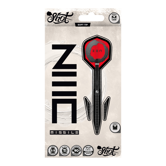Dardos blandos Shot ZEN Missile - 20 g Dies ist ein Bild von den Shot ZEN Missile Softdarts - 20g. Die Softdarts sind für das Dartspiel geeignet und zeigen ein modernes Design.