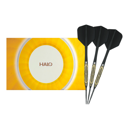 Dardos de acero Caliburn Halo H2 - 22,5 g Das Bild zeigt die Caliburn Halo H2 Steeldarts mit einem Gewicht von 22,5g in voller Länge. Die Steeldarts sind besonders langlebig und robust.