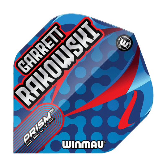 Vuelos estándar Winmau Prism Delta Garrett Rakowski Das Bild zeigt die Winmau Prism Delta Garrett Rakowski Standard Flights. Das Flight-Design ist blau mit roten und hellblauen Akzenten sowie dem Namen "Garrett Rakowski" in großen Buchstaben.