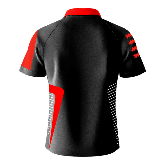 Camiseta de dardos del equipo Bulls - Roja Das Bild zeigt das Bulls Team Dartshirt in Rot von hinten. Das Shirt ist hauptsächlich schwarz mit roten und weißen Designelementen auf den Ärmeln und an den Seiten.