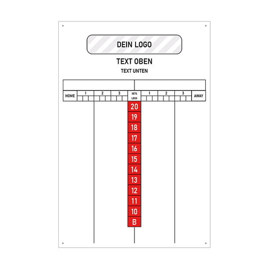 INSCORE1_Scoreboard_mit_Wunschdruck_40x60cm_Rot_3 Das Bild zeigt ein Scoreboard mit der Größe 40 x 60 cm, das individuell bedruckt werden kann. Oben ist Platz für ein Logo und einen Wunschtext, darunter befinden sich Anzeigefelder für Heim- und Auswärtsteams sowie ein Zählbereich für Punkte.
