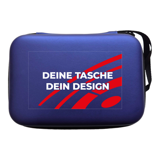 Estuche para dardos System-4 con tu diseño Hier ist ein McDart System4 Dartcase in Blau Metallic zu sehen. Das Etui liegt geöffnet auf einer glänzenden Oberfläche.