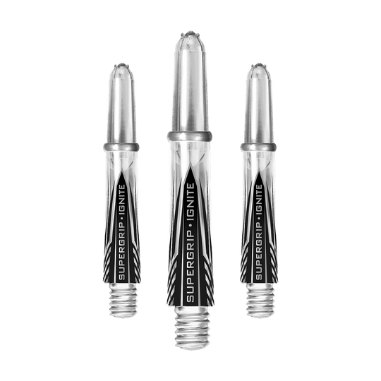 HR392_Harrows_Supergrip_Ignite_Shafts_Clear_33mm_1R2luGsu8QFKTP Das Bild zeigt drei klare Harrows Supergrip Ignite Shafts für Dartpfeile. Die Schäfte sind durchsichtig mit silbernen Spitzen und schwarzer Beschriftung.