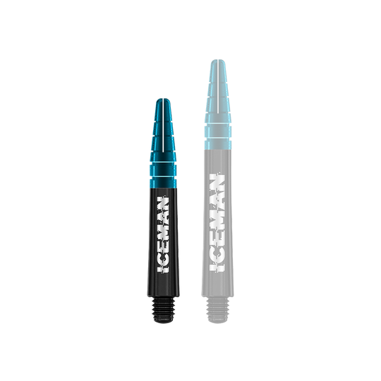 C636_Red_Dragon_Nitrotech_Gerwyn_Price_Shafts_Black_36mm_1zJba8UA2mSc2F Das Bild zeigt zwei schwarze Dartschäfte mit blauen Enden. Auf den Schäften steht in weißer Schrift das Wort "ICEMAN".