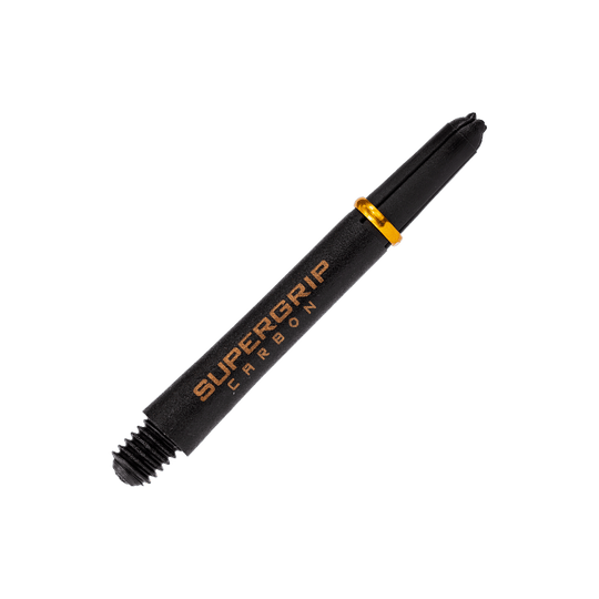 HR352_Harrows_Supergrip_Carbon_Shafts_Gold_40mm_2 Das Bild zeigt einen Harrows Supergrip Carbon Shaft in der Farbe Gold. Der Schaft ist schwarz mit goldener Schrift und einem goldenen Ring.