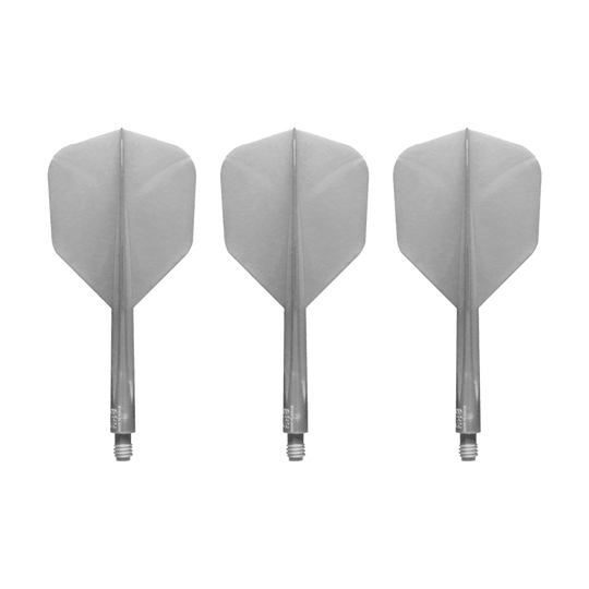 Condor_AXE_Metallic_Pearl_Silver_Small_Flights_1 Das Bild zeigt drei silberne Dartflights mit Schäften der Marke Condor AXE Metallic Flight-System Pearl Silver in der Größe Small. Die Flights sind nebeneinander auf weißem Hintergrund angeordnet.