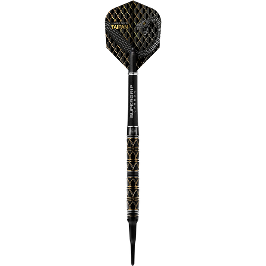 HA29129_Harrows_Taipan_Softdarts_1ioDmR8L4OPn1D Das Bild zeigt einen Harrows Taipan Softdart mit einem schwarzen und goldenen Design. Der Dart hat ein auffälliges Muster und einen Griff mit der Aufschrift "SUPERGRIP CARBON".