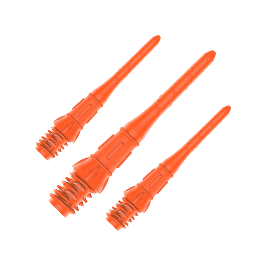 Das Bild zeigt drei orangefarbene Dartspitzen mit Gewinde. Sie sind in einer Reihe auf einem transparenten Hintergrund angeordnet.