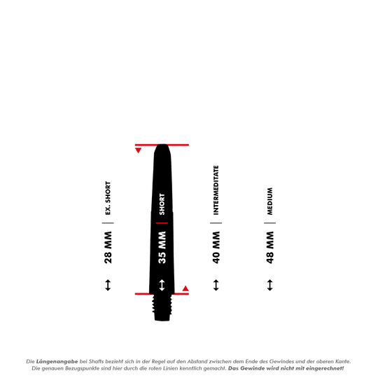 Das Bild zeigt verschiedene Längenoptionen für Nylon Shafts in der Farbe Naturweiß. Die Längenangaben sind 28 mm (Ex. Short), 35 mm (Short), 40 mm (Intermediate) und 48 mm (Medium), gemessen ohne das Gewinde.