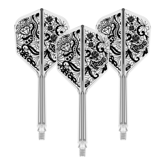 Abgebildet ist ein Produkt mit dem Namen 410241_Target_Japan_K-Flex_Diamond_No6_Flight-Shaft_System_33mm_1Set. Es handelt sich vermutlich um eine Dartschaft-Kombination.