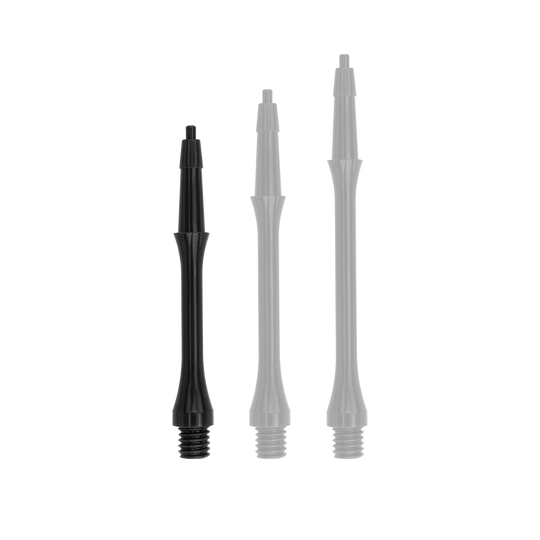 HRC-12602_Harrows_Clic_Slim_Shafts_Black_23mm_1 Das Bild zeigt drei schwarze Harrows Clic Slim Shafts für Dartpfeile. Sie sind in verschiedenen Längen angeordnet und haben ein schlankes Design.