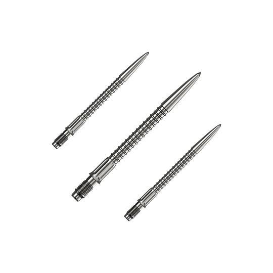 Abgebildet ist ein Set Mission R25 Rapid Point GV1 Dartspitzen in Silber mit 30mm Länge. Das Set eignet sich als Zubehör für Dartspieler.