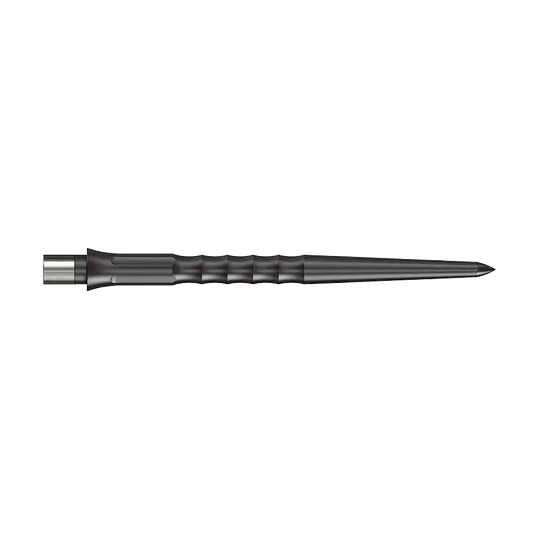 Auf dem Bild ist eine schwarze Stahlspitze für ein Dart zu sehen. Die Spitze hat eine geriffelte Struktur und ist 32 mm lang.