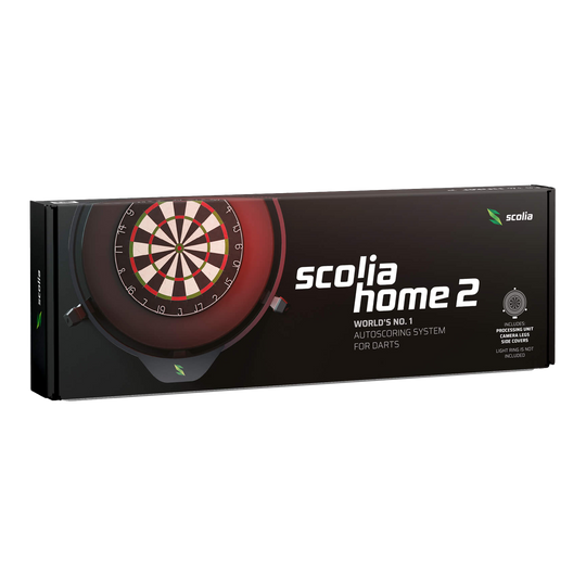 Sistema electrónico de autocalificación Scolia Home 2 2026 Die Abbildung zeigt die Verpackung des Produkts "Scolia Home 2 Electronic Score System". Es handelt sich um ein automatisches Punktezählsystem für Darts.