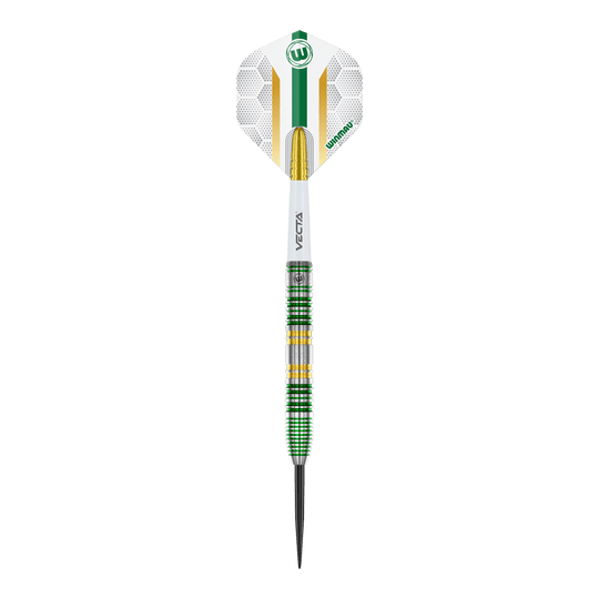 Dardos de acero Winmau Xenon Das Bild zeigt einen Winmau Xenon Steeldart mit einer weißen, grünen und goldenen Gestaltung. Der Dartpfeil hat einen markanten Ringgriff und eine spitze Metallspitze.
