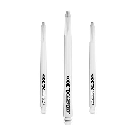 C817_Red_Dragon_Joust_XL_Shafts_Weiss_65mm_1 Das Bild zeigt drei weiße Dartschäfte des Modells "Red Dragon Joust XL Shafts" in der Länge 65 mm. Auf den Schäften ist der Schriftzug "Joust XL" in schwarz aufgedruckt.